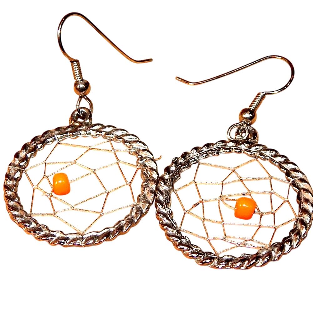 Vintage Artisan Orange "Spider" in Web Earrings